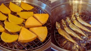 自宅でColemanの燻製器を使ってししゃもとたくあんを燻製した様子