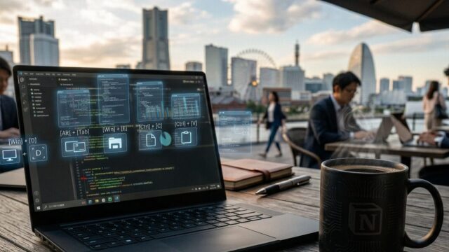 カフェで優雅に仕事をしている様子の画像